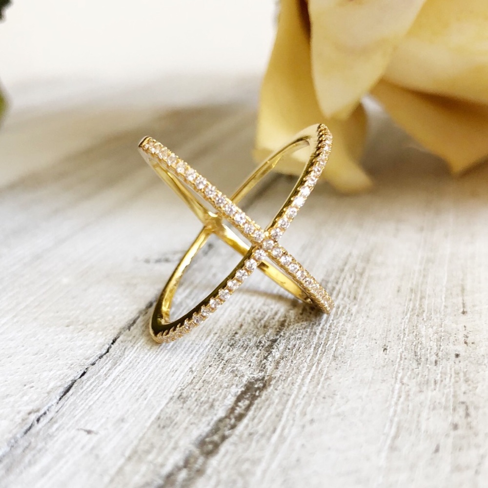 925 Sterling Silver Gold X ring - Picture 2 of 4